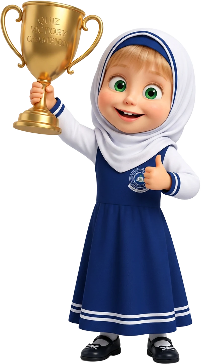Masha mascot celebrating quiz victory with a golden trophy